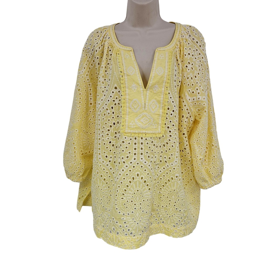 Chico's Tunic Top Women 4 20/22 Yellow Eyelet Embroidered Boho Sheer Peasant